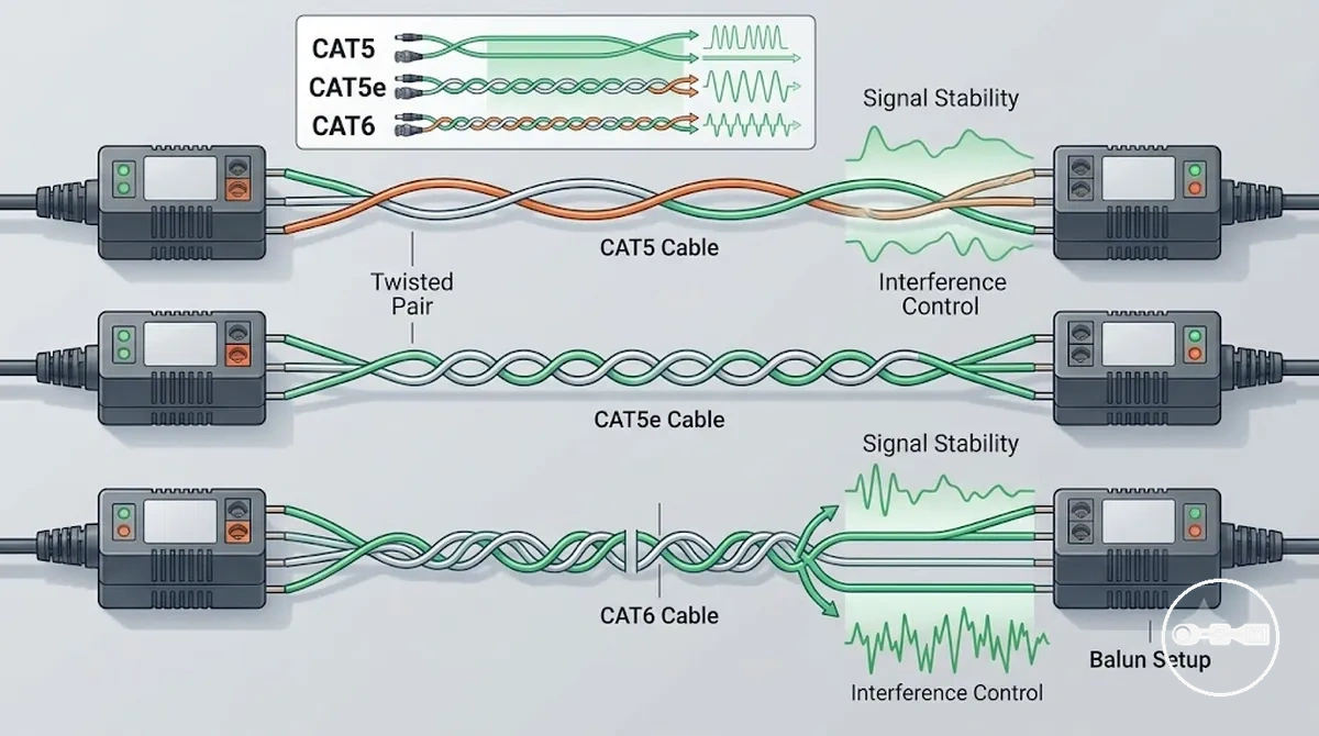 معايير كابلات CAT5 وCAT5e وCAT6 لتوصيل بالونات فيديو CCTV ومقارنة نقل الإشارة