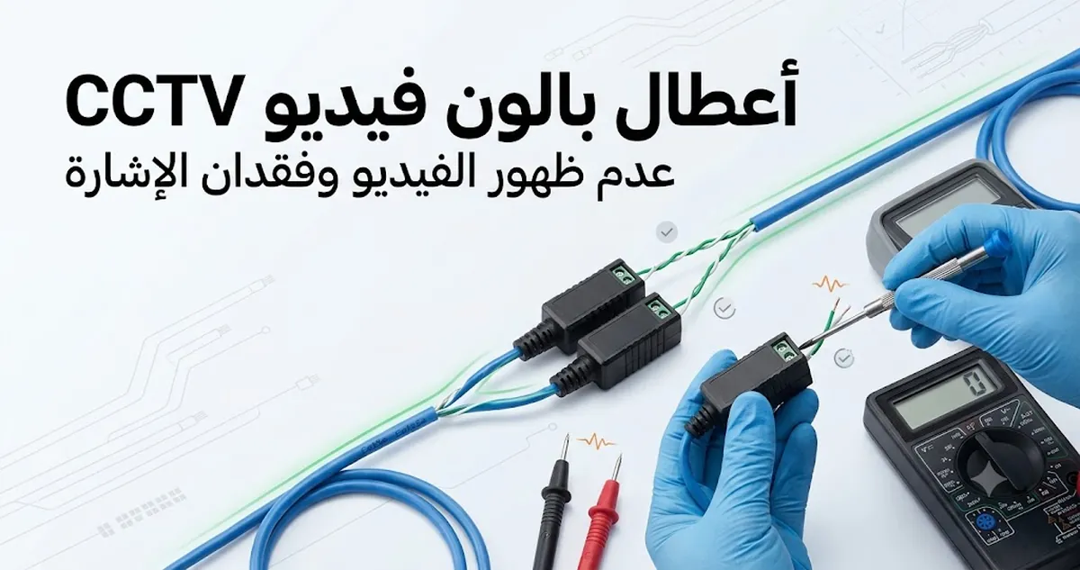إعداد لفحص أعطال بالون فيديو CCTV يوضح اختبارات الكابل والموصل وفقدان الإشارة.