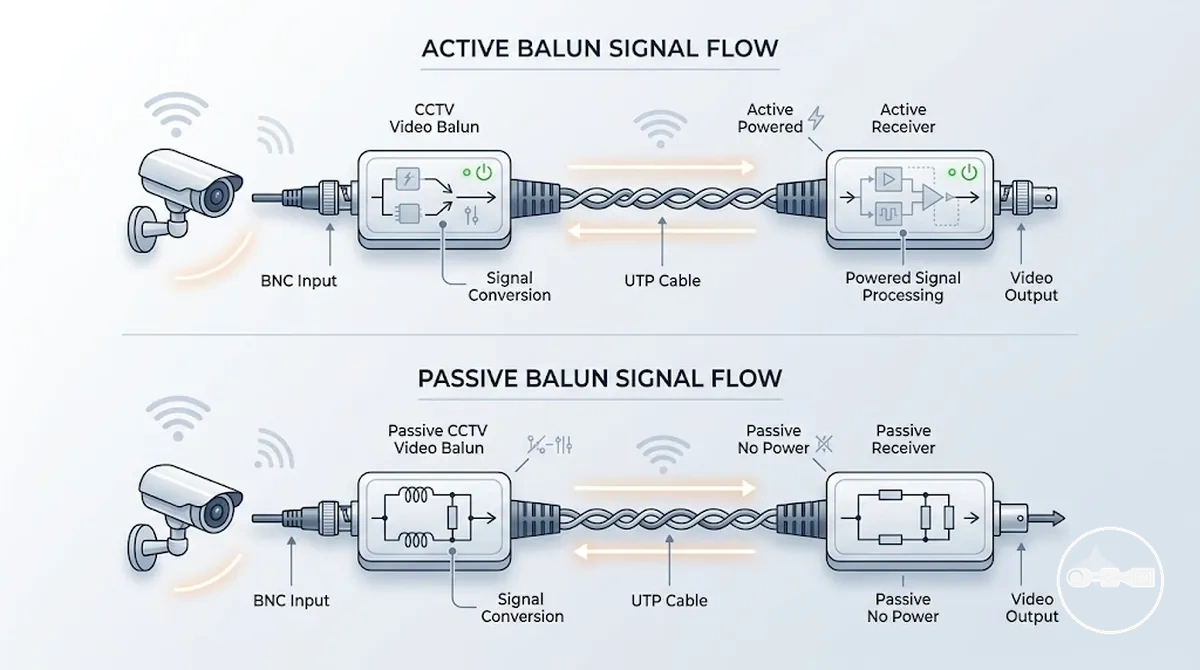 Funktionsdiagramm eines CCTV-Video-Baluns, das die Signalumwandlung zwischen BNC und UTP zeigt