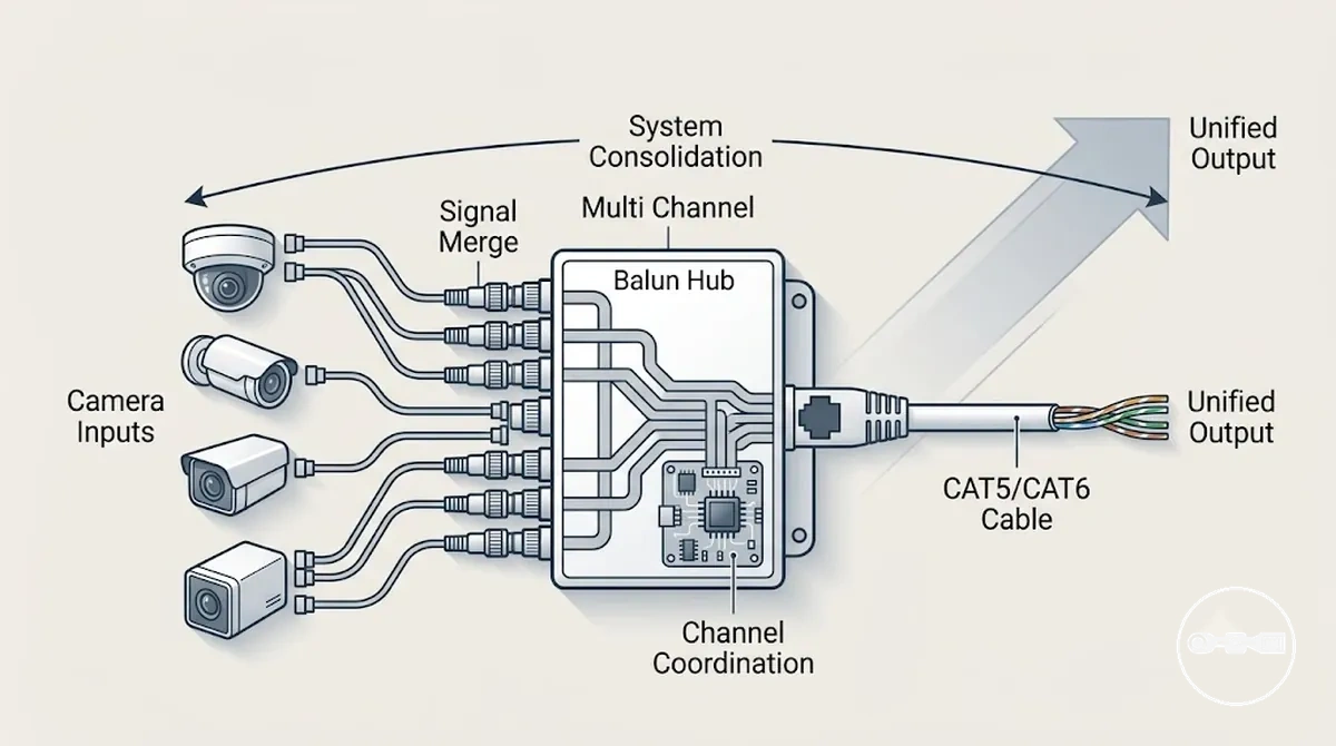 Signalwandlung von der CCTV-Kamera über den Balun zum DVR über UTP-Kabel