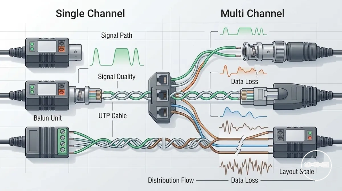 Einzelkanal- und Mehrkanal-CCTV-Video-Balun-Schaltbilder mit Signallayout und Verteilungspfaden