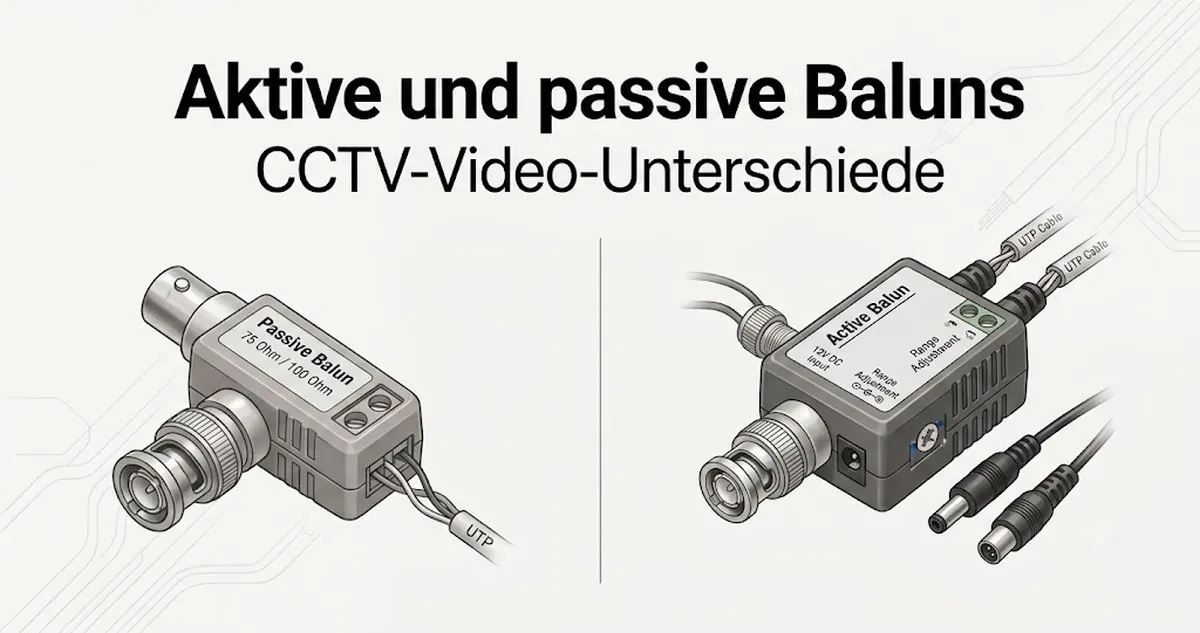 Aktive und passive CCTV-Video-Baluns nebeneinander zum Vergleich der Balun-Typen.