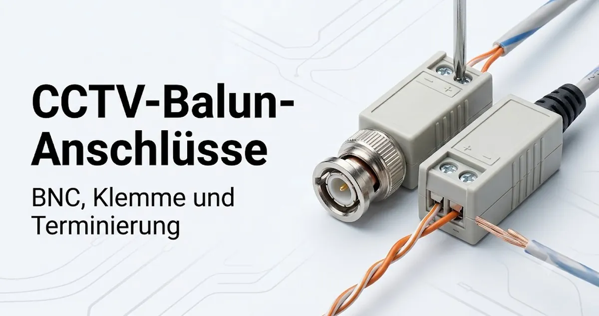 Anschlussenden eines CCTV-Video-Baluns mit Details zu BNC, Klemme und Kabelterminierung.
