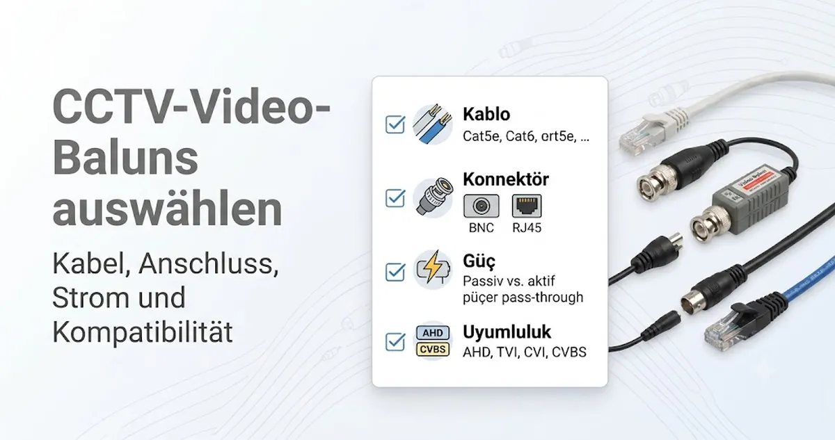 Auswahlliste für CCTV-Video-Baluns mit Faktoren zu Kabel, Anschluss, Stromversorgung und Kompatibilität.