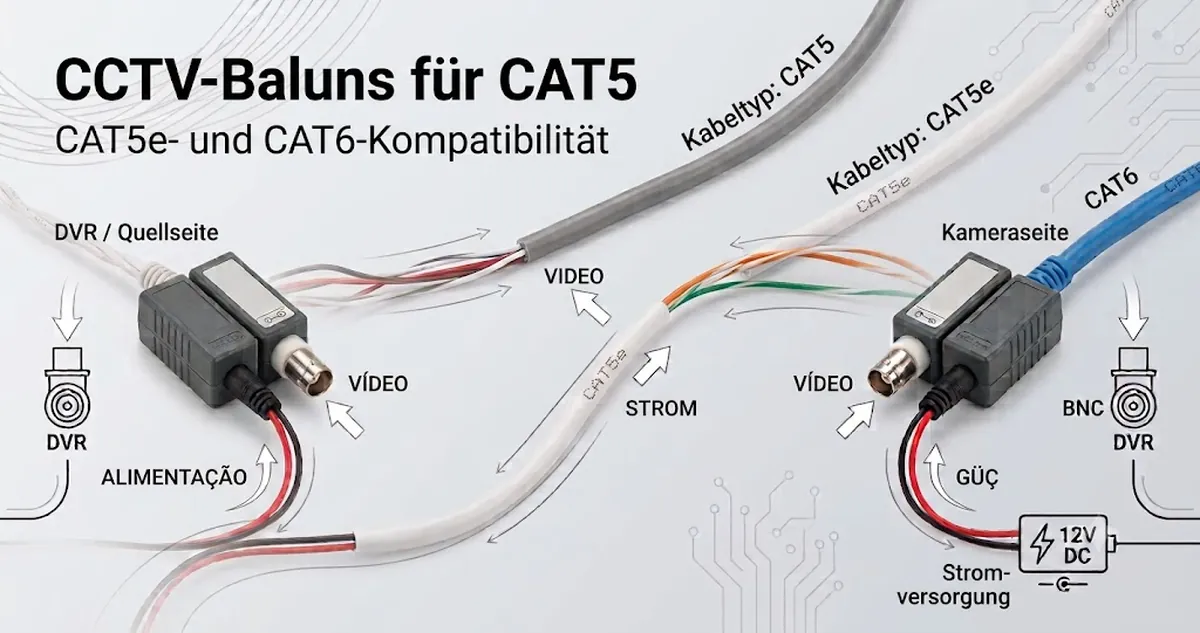 CCTV-Video-Baluns an CAT5-, CAT5e- und CAT6-Kabeln für einen Kompatibilitätsvergleich.