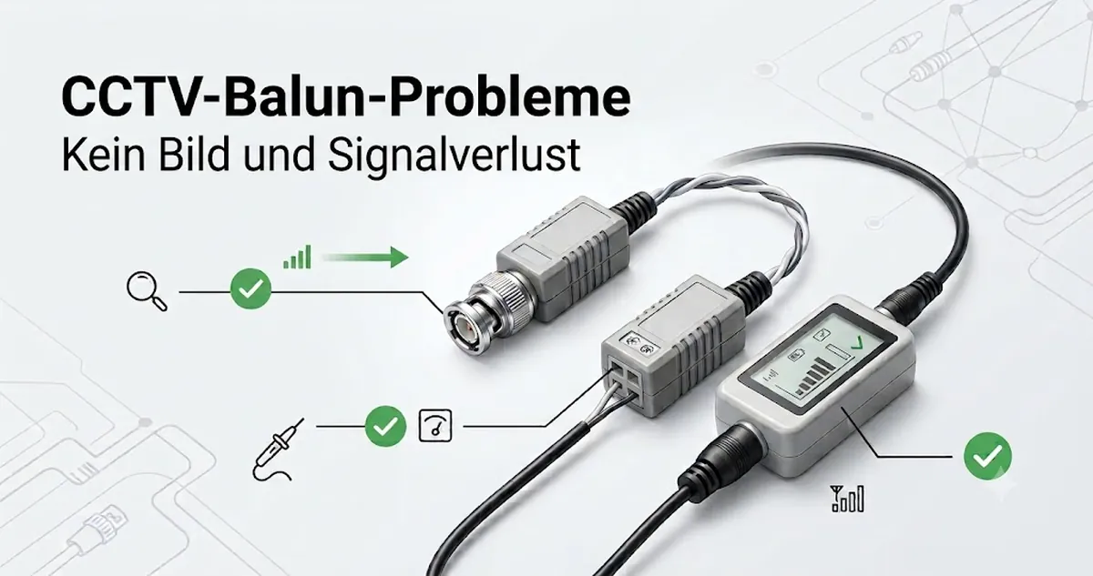 Prüfaufbau zur Fehlersuche bei CCTV-Video-Baluns mit Kontrollen von Kabel, Anschluss und Signalverlust.