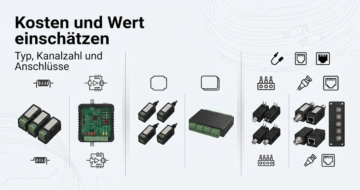Funktionsbeispiele bei CCTV-Video-Baluns zur Einschätzung von Kosten und Wert nach Typ, Kanalzahl und Anschlüssen.