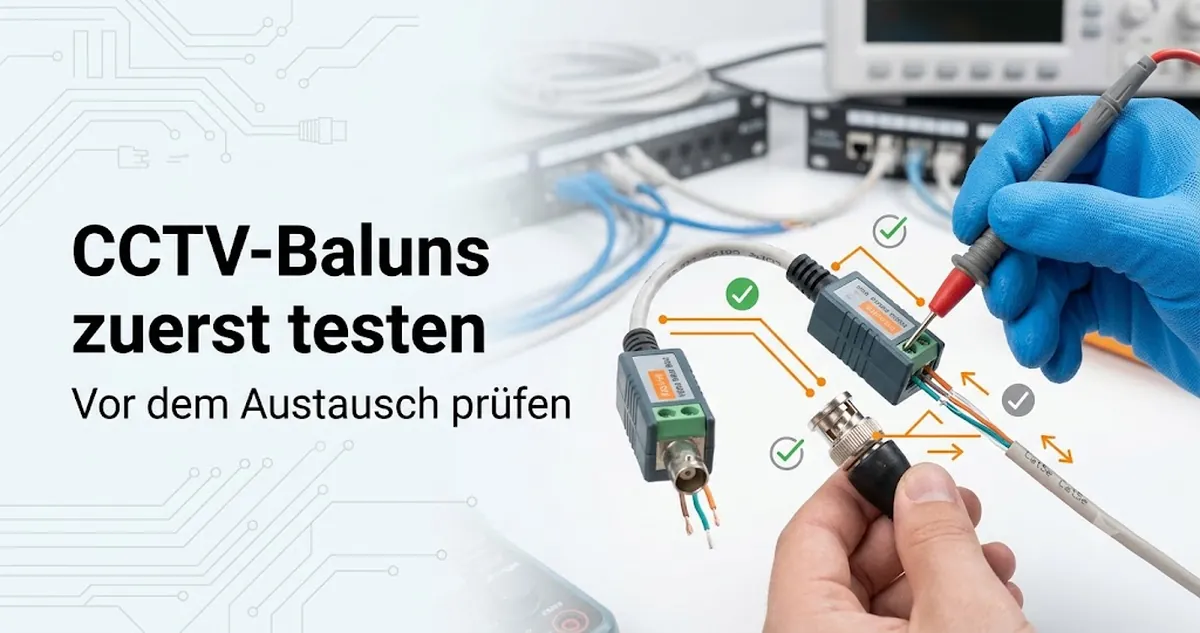 CCTV-Video-Baluns beim Test vor dem Austausch mit Kabel- und Anschlussprüfung.