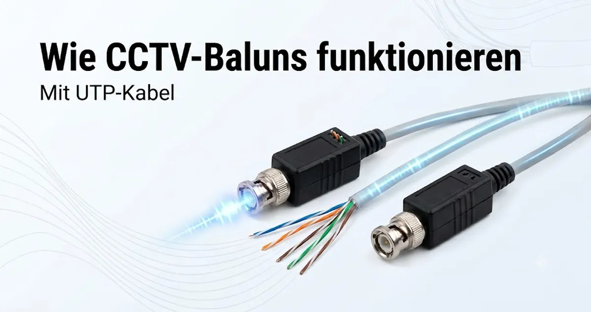 CCTV-Video-Baluns an einem UTP-Kabel zur Darstellung der Übertragung des Videosignals.