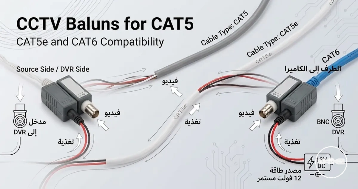 CCTV video baluns connected to CAT5, CAT5e and CAT6 cable for compatibility comparison.