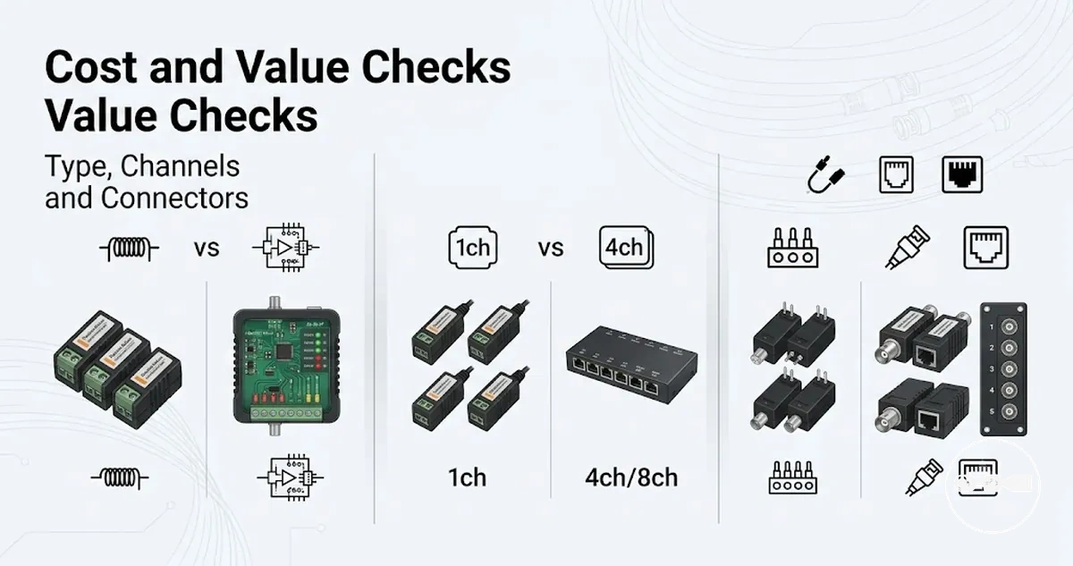 CCTV video balun feature examples showing cost and value factors such as type, channel count and connectors.