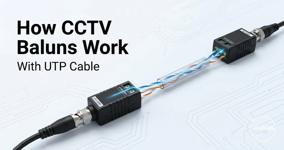 CCTV video baluns connected to UTP cable to illustrate how video signal is transmitted.