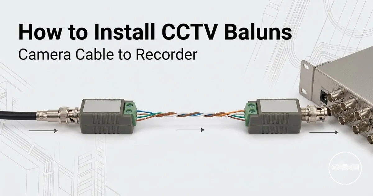 CCTV video baluns installed between a camera cable and recorder connection point.
