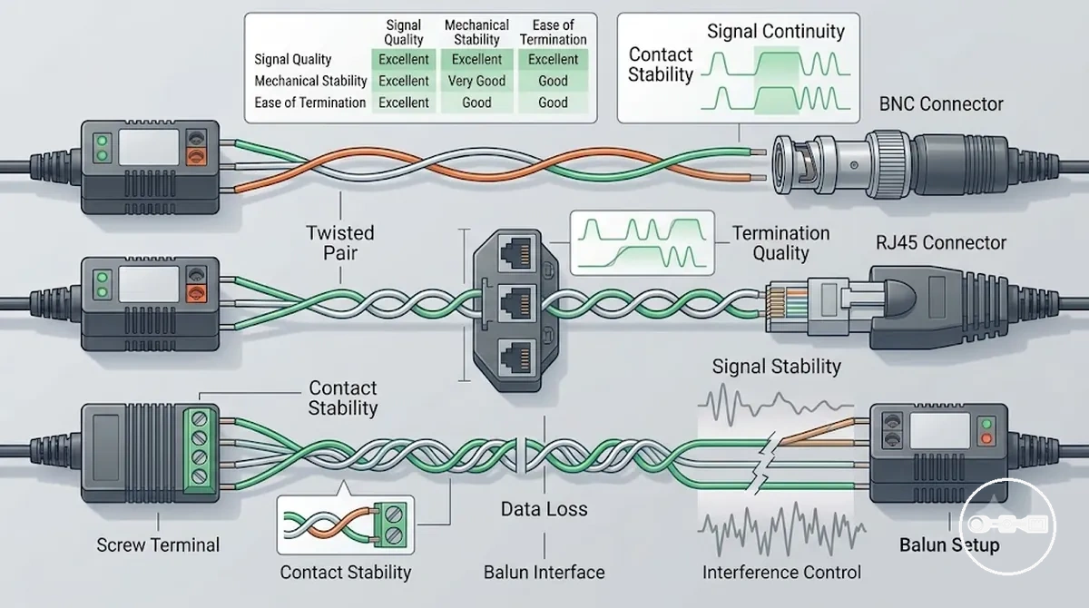 BNC RJ45 and screw terminal connectors used in CCTV video balun wiring showing signal continuity differences