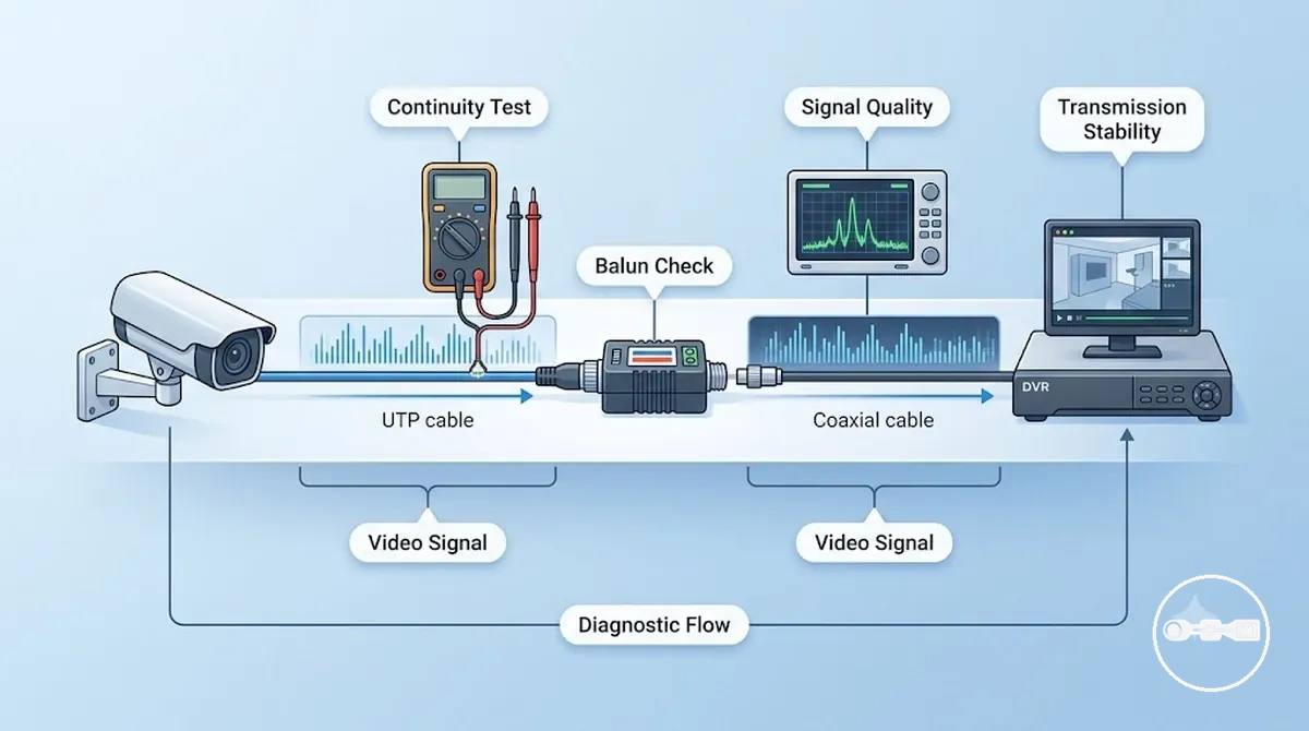 CCTV video balun testing methods showing signal integrity and transmission quality analysis
