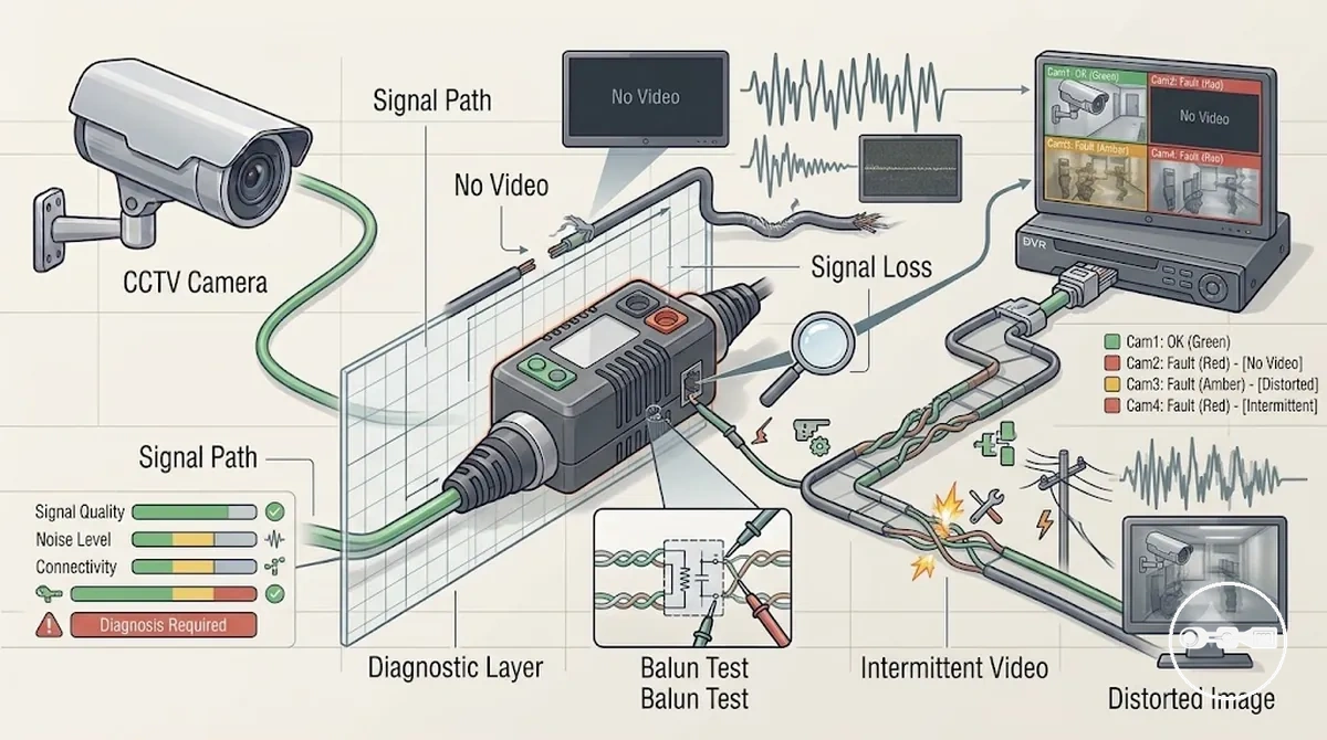 CCTV balun fault symptoms shown in video signal transmission chain diagnostic view