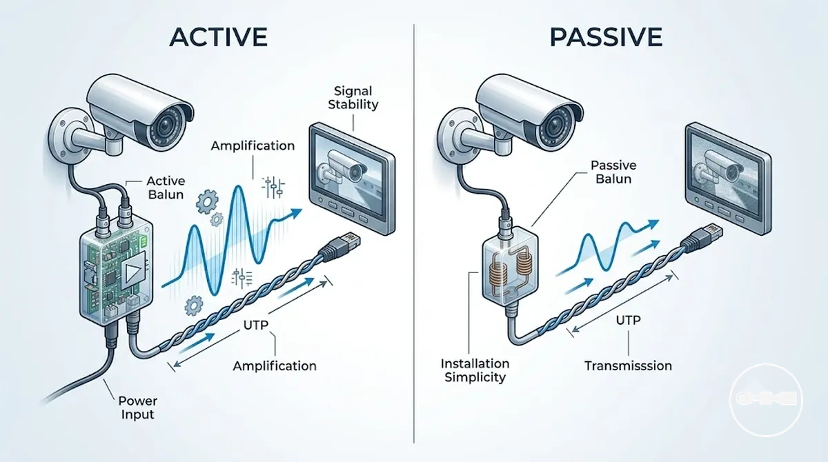 Side by side comparison of active and passive CCTV video baluns showing differences in signal performance