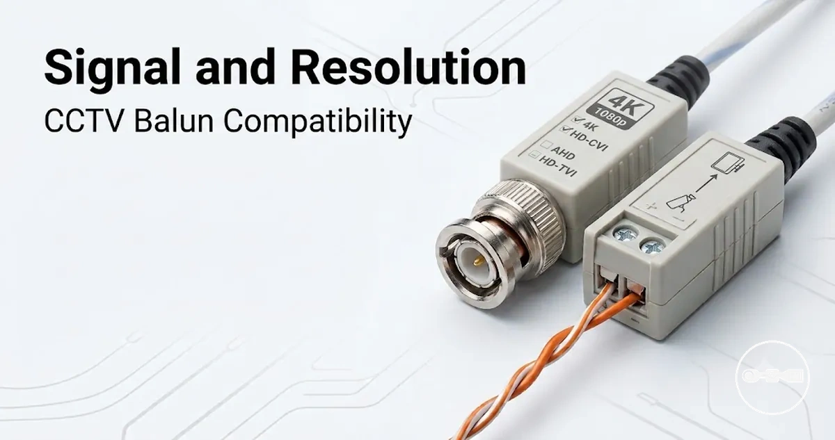 CCTV video balun compatibility labels and cable connections for signal format and resolution checks.