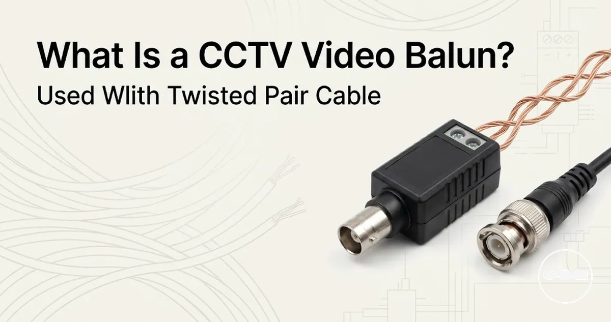 A CCTV video balun beside a camera cable, showing the device used to carry video over twisted pair cable.