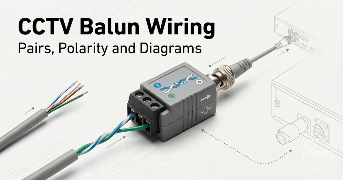 CCTV video balun wiring with twisted pairs, polarity markings and connection diagram details.
