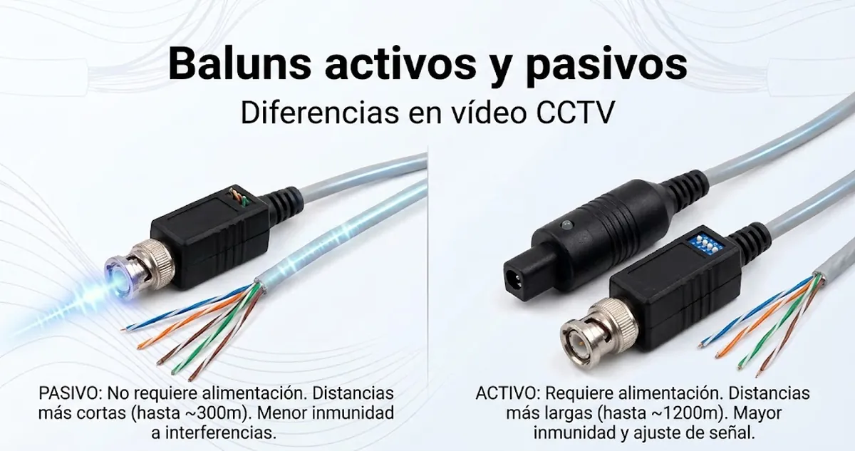Baluns de vídeo CCTV activos y pasivos mostrados juntos para comparar sus tipos.