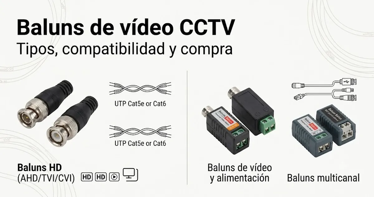 Conjunto de baluns de vídeo CCTV con tipos habituales, conectores y señales de compatibilidad de cableado.