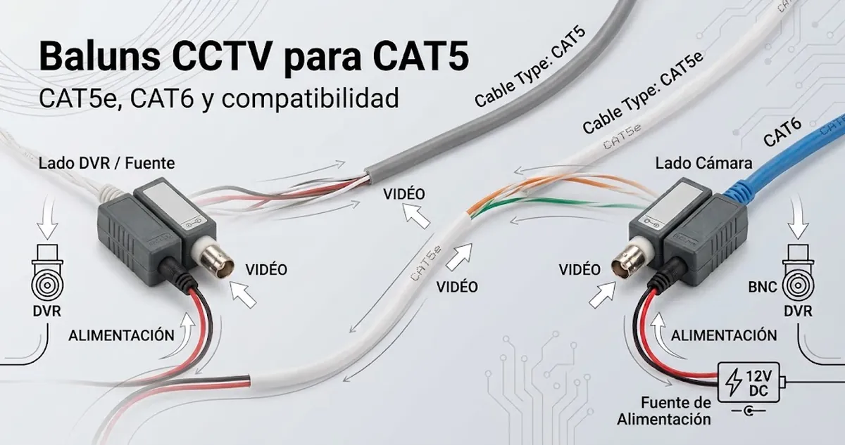 Baluns de vídeo CCTV conectados a cables CAT5, CAT5e y CAT6 para comparar compatibilidad.