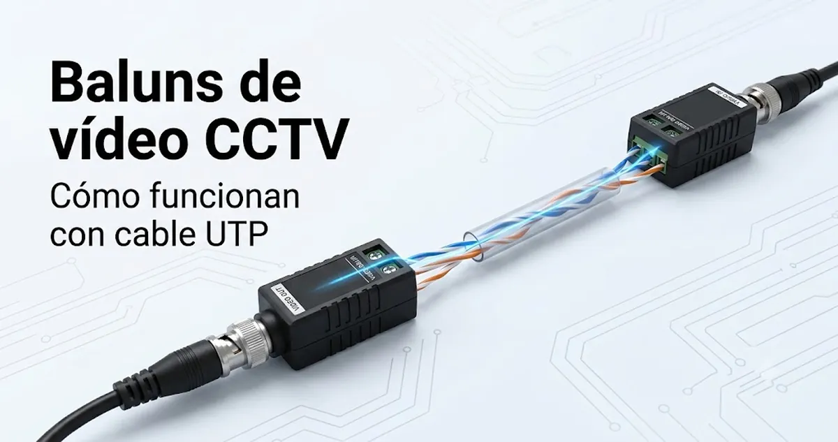 Baluns de vídeo CCTV conectados a cable UTP para mostrar la transmisión de la señal de vídeo.