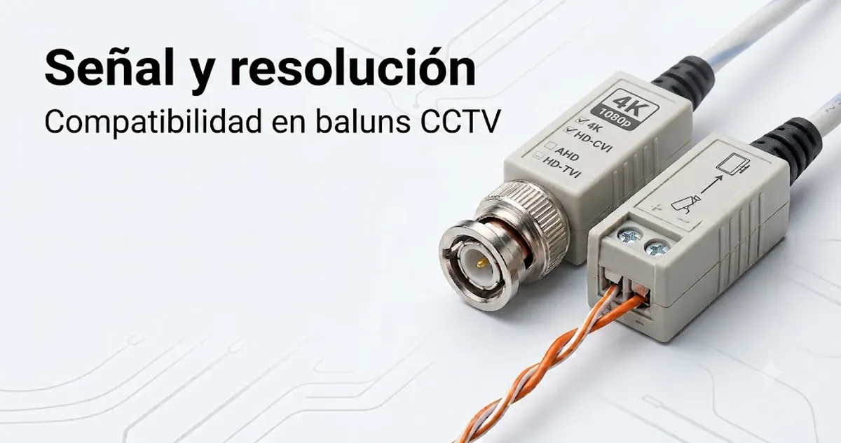 Etiquetas de compatibilidad y conexiones de cable en baluns de vídeo CCTV para revisar señal y resolución.