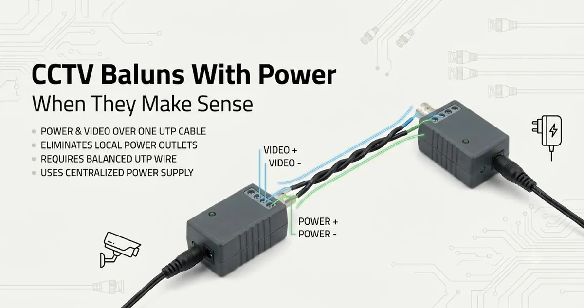 Baluns de vídeo CCTV con cables de alimentación para conexiones combinadas de vídeo y corriente.