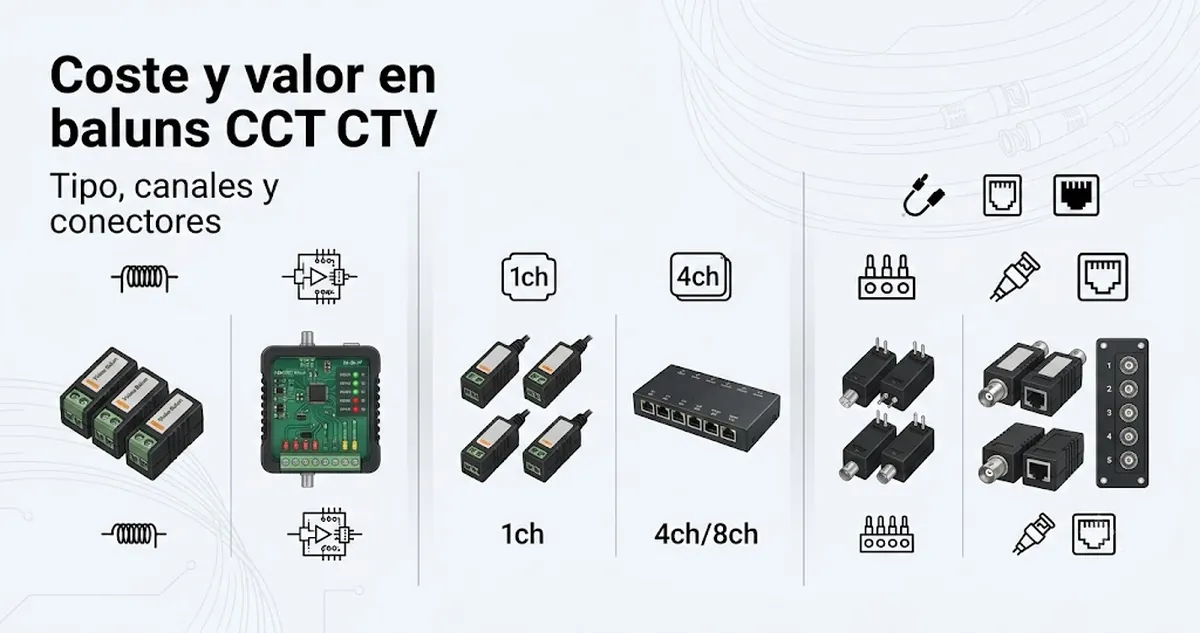 Ejemplos de prestaciones en baluns de vídeo CCTV para comparar coste y valor según tipo, canales y conectores.