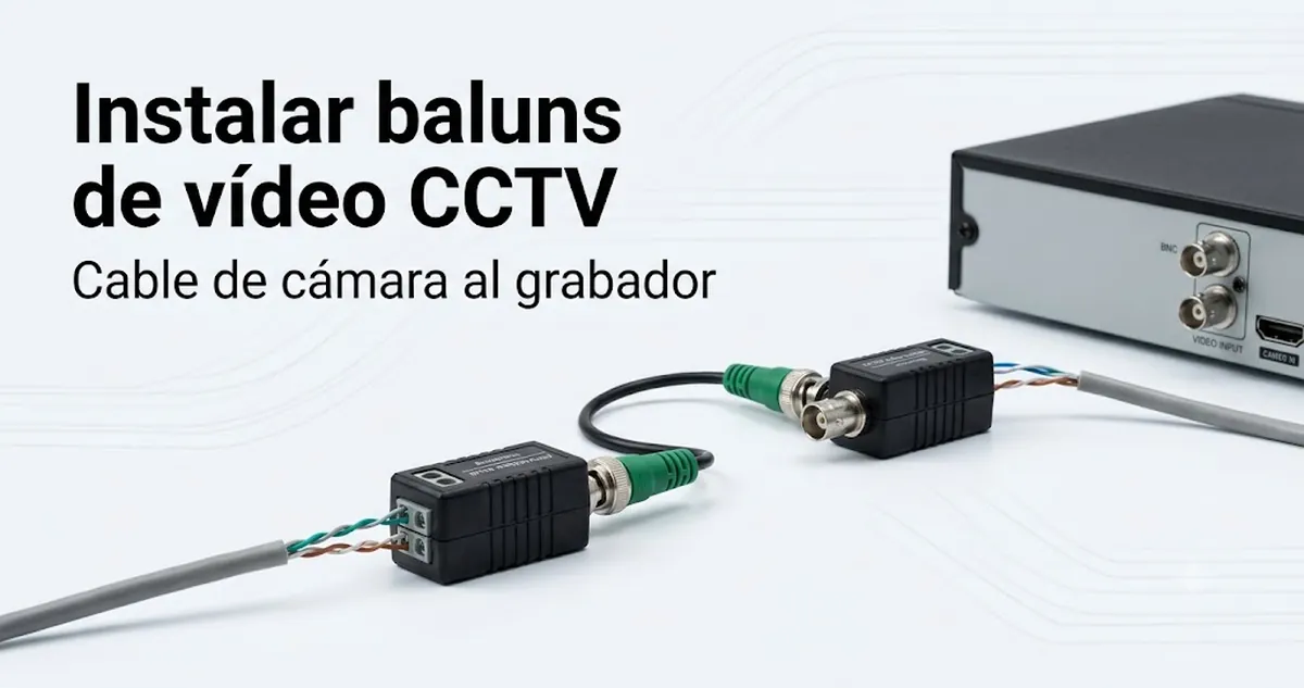 Baluns de vídeo CCTV instalados entre el cable de una cámara y el punto de conexión del grabador.