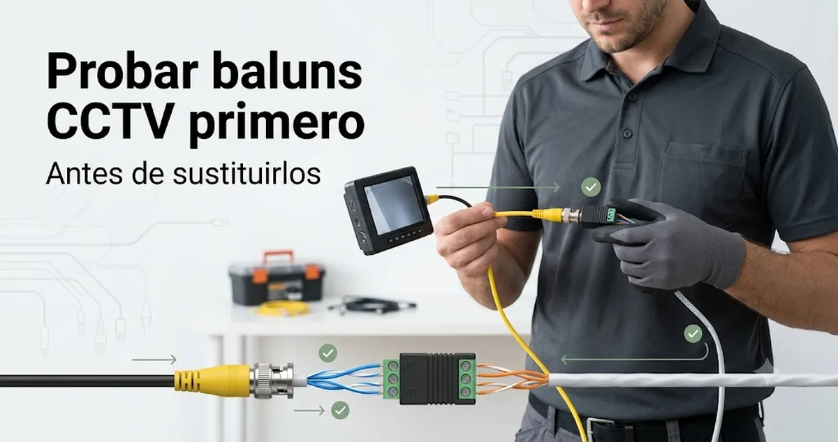Baluns de vídeo CCTV en una comprobación previa a la sustitución, con revisión de cable y conectores.