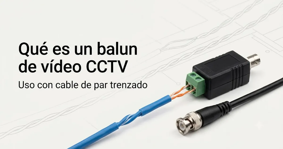 Balun de vídeo CCTV junto a un cable de cámara, usado para transmitir vídeo por cable de par trenzado.