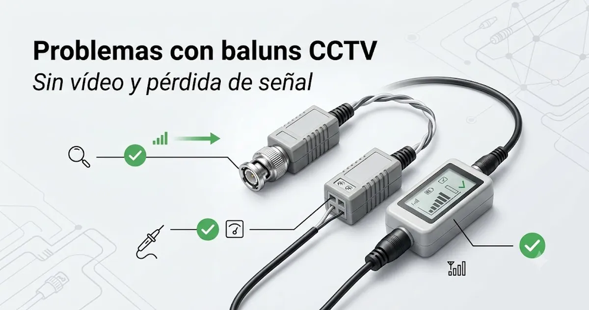 Montaje para revisar problemas en baluns de vídeo CCTV, con comprobaciones de cable, conector y pérdida de señal.