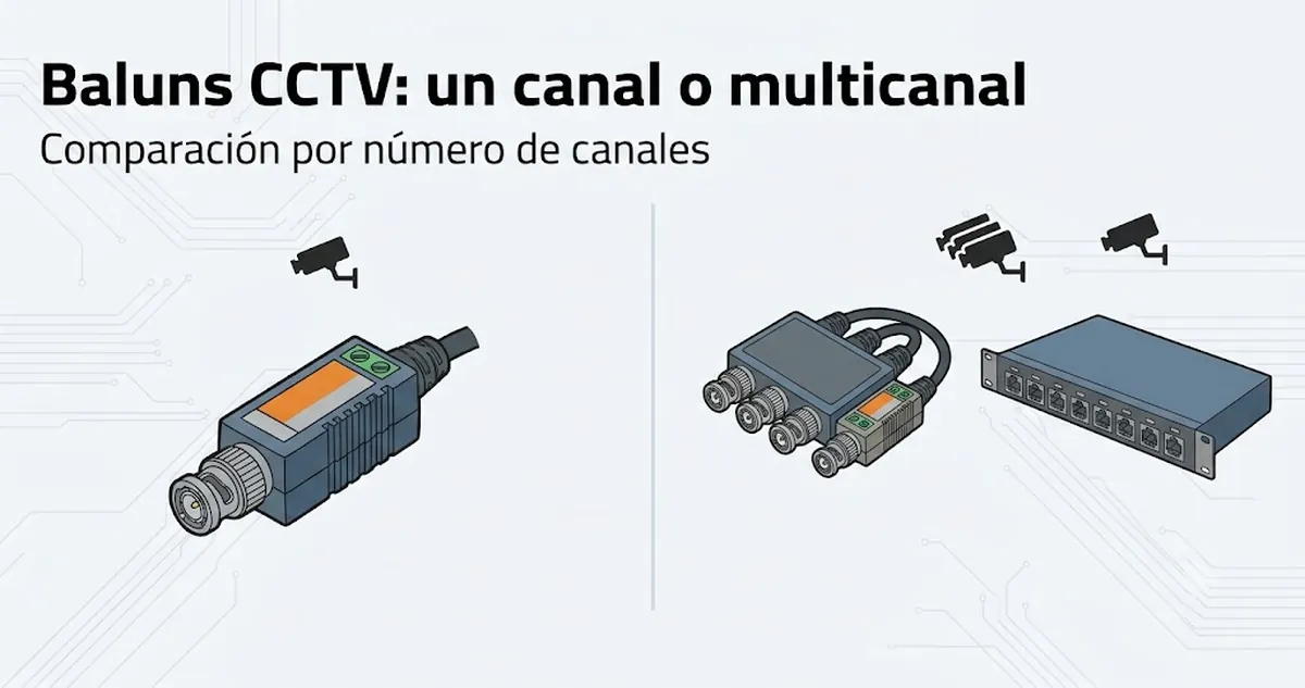 Baluns de vídeo CCTV de un canal y multicanal colocados para comparar el número de canales.