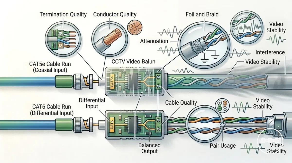 Límites de distancia de cable y pérdida de señal en instalaciones de baluns CCTV con CAT5 y CAT6