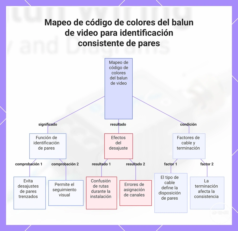 Mapeo de código de colores del balun de video para identificación consistente de pares