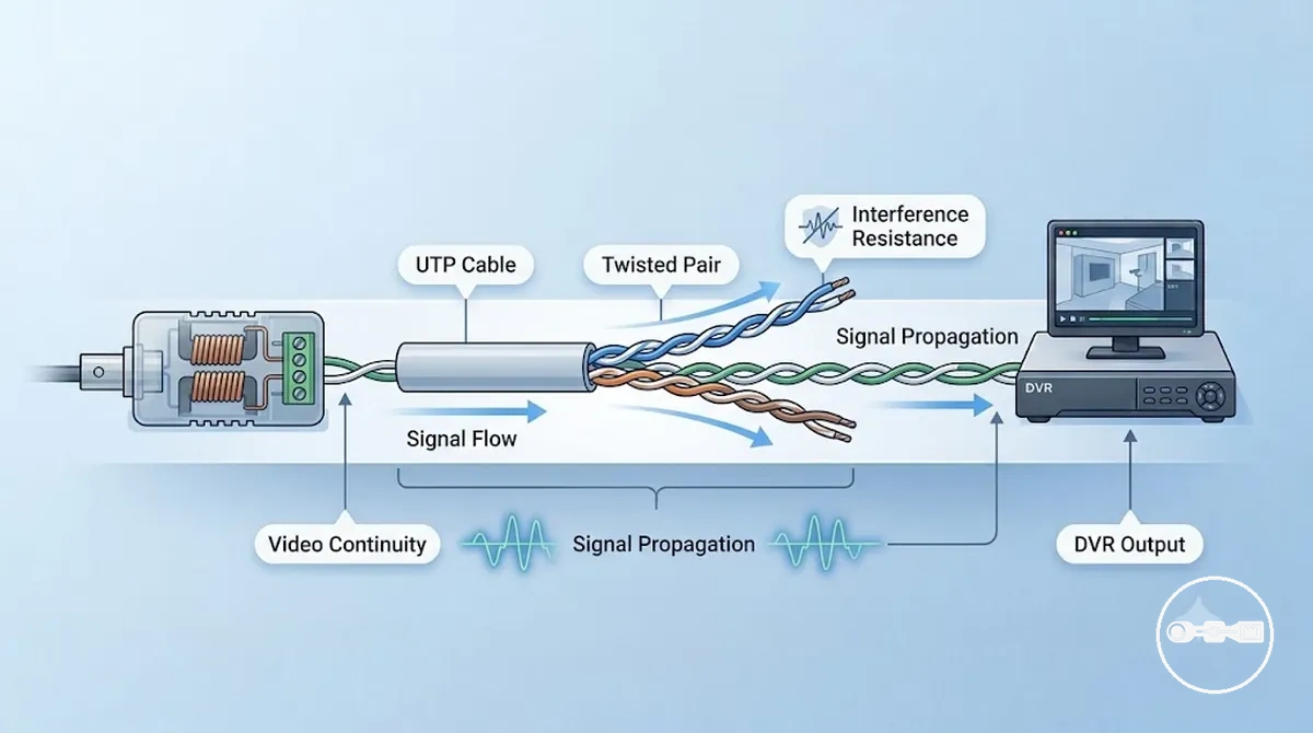 Señal de vídeo transmitida a través de cable de par trenzado desde el balun hasta el DVR