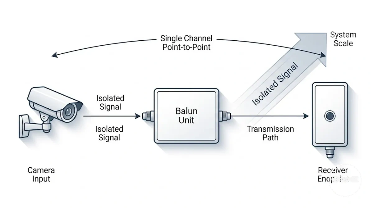 Illustration d'une configuration de transmission point à point avec un balun vidéo CCTV monocanal pour une caméra