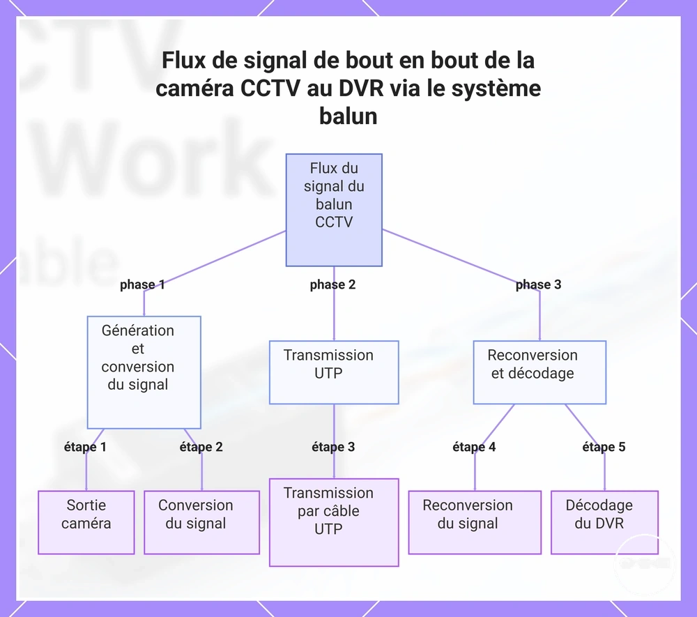 Flux de signal de bout en bout de la caméra CCTV au DVR via le système balun