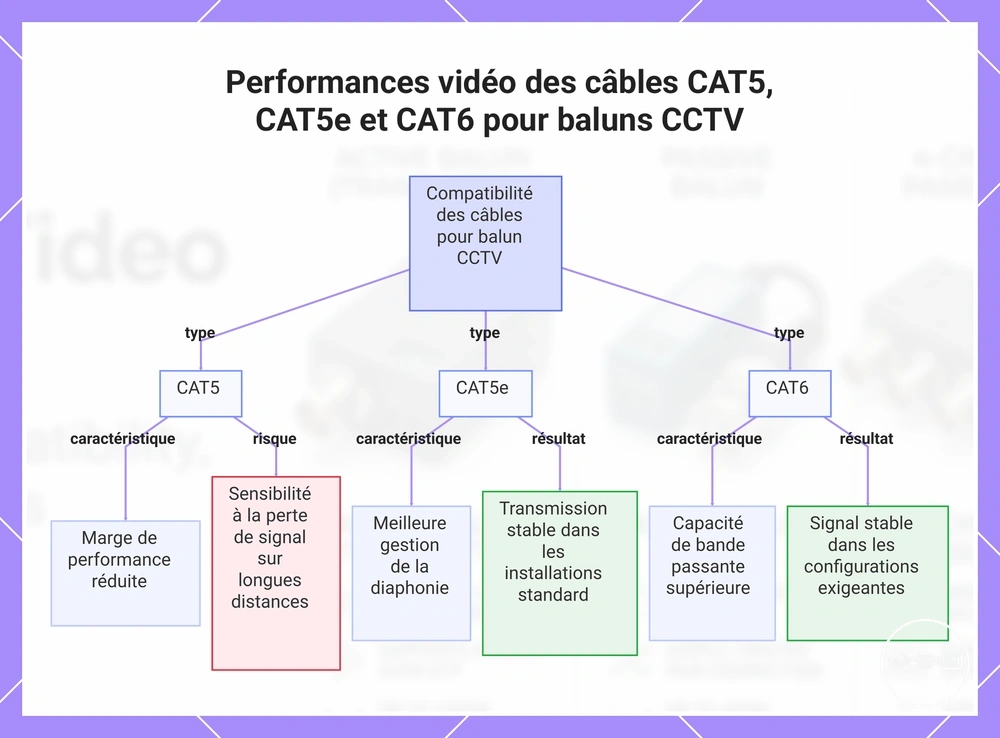 Performances vidéo des câbles CAT5, CAT5e et CAT6 pour baluns CCTV