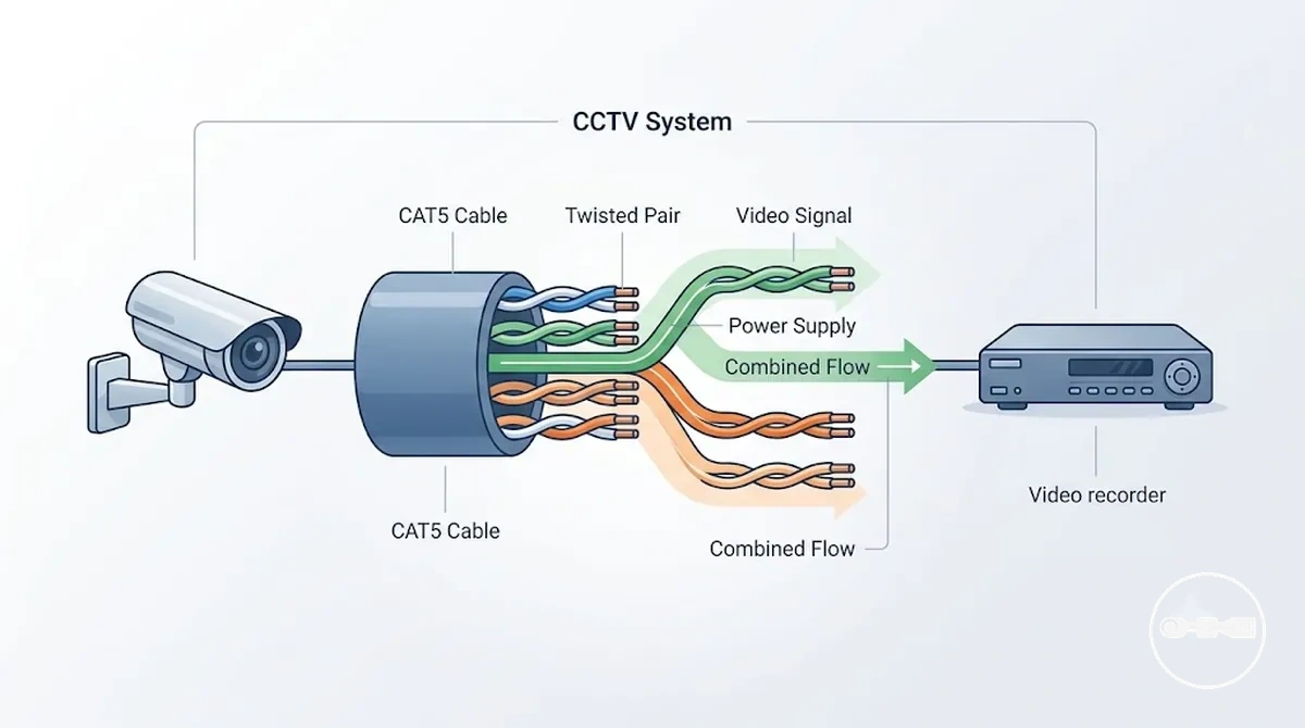 Système CCTV montrant le flux du signal vidéo et de l'alimentation sur un câble CAT5