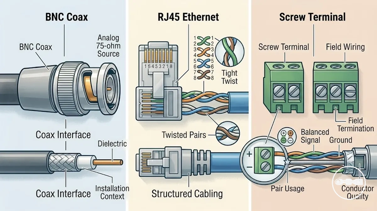 Schéma illustrant les interfaces de connecteurs de balun vidéo CCTV BNC, RJ45 et à bornier à vis