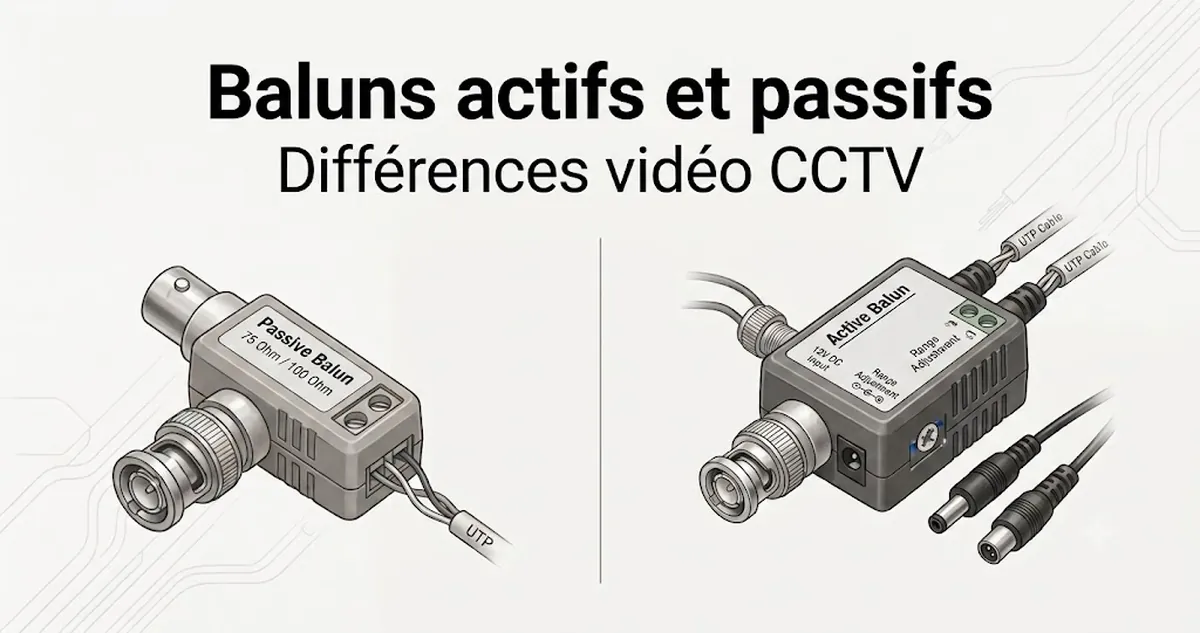 Baluns vidéo CCTV actifs et passifs affichés côte à côte pour comparer les types.
