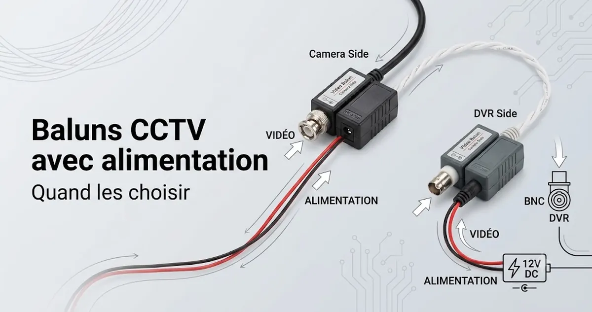 Baluns vidéo CCTV avec fils d’alimentation montrant des options de connexion vidéo et courant combinées.