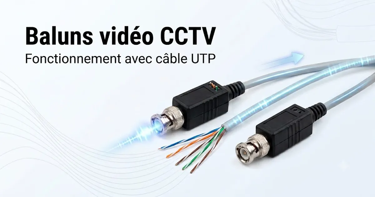Baluns vidéo CCTV connectés à un câble UTP pour illustrer la transmission du signal vidéo.