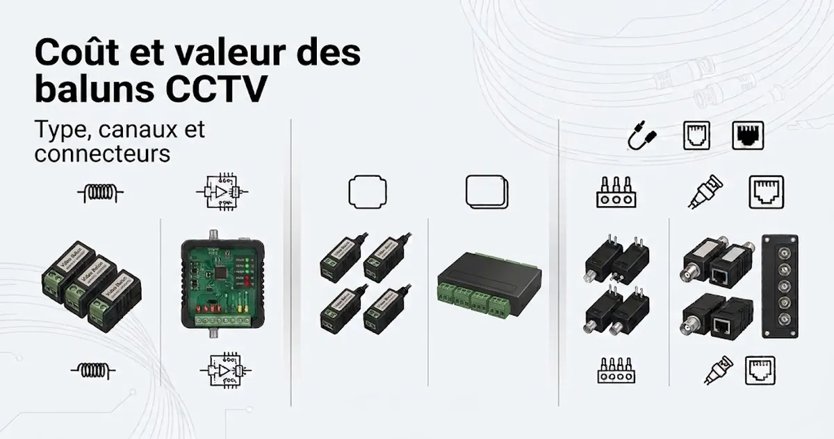 Exemples de caractéristiques de baluns vidéo CCTV pour comparer le coût et la valeur selon le type, le nombre de canaux et les connecteurs.