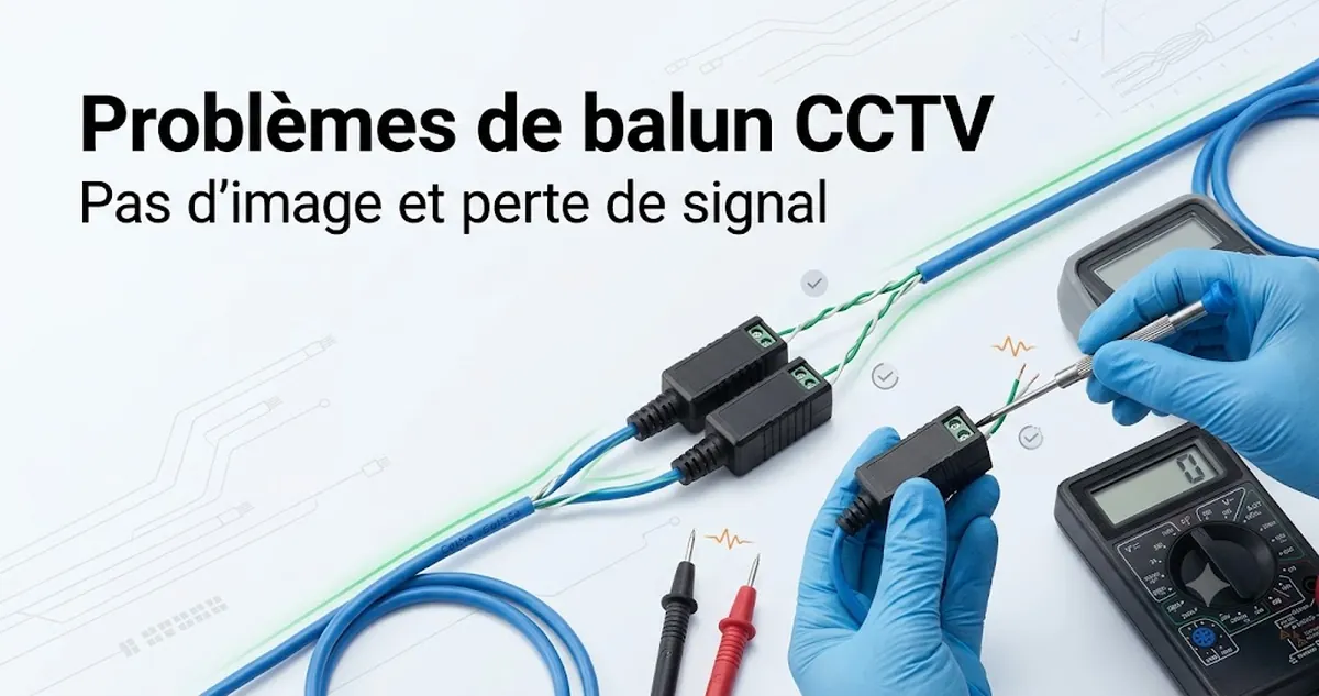 Montage de dépannage pour balun vidéo CCTV avec vérifications du câble, du connecteur et de la perte de signal.