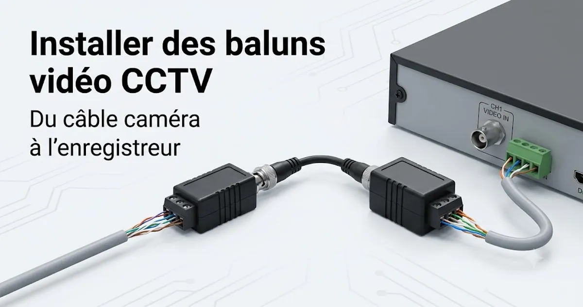 Baluns vidéo CCTV installés entre le câble d’une caméra et le point de connexion de l’enregistreur.
